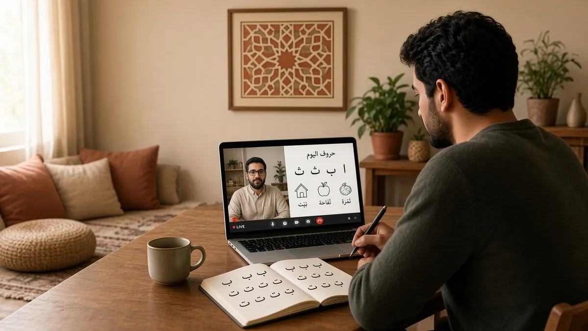 Adult student taking a live one-on-one online Arabic class on a laptop, practising Arabic letters in a notebook while the tutor teaches on screen